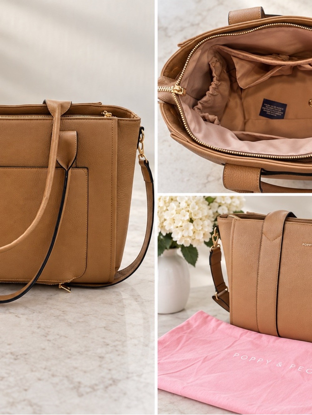 Poppy & Peonies Go-Getter Tote Cognac/Tan – Like New – Laptop & Travel